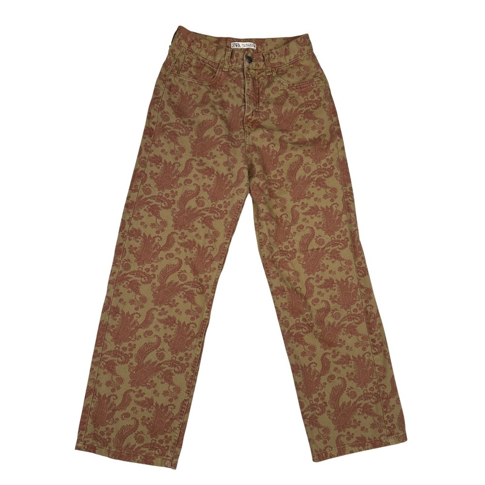 ZARA Paisley Floral Print High Waisted Wide Leg Pants Tan Brown size 28
